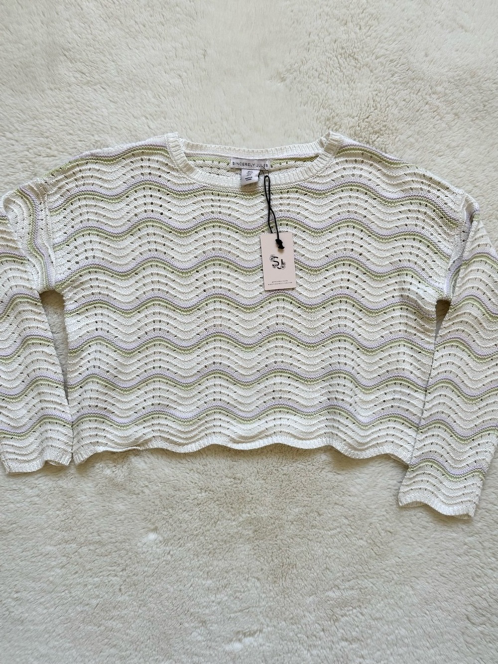 Sincerely Jules Cream Knit Sweater with Pale Green & Lilac Stripes S